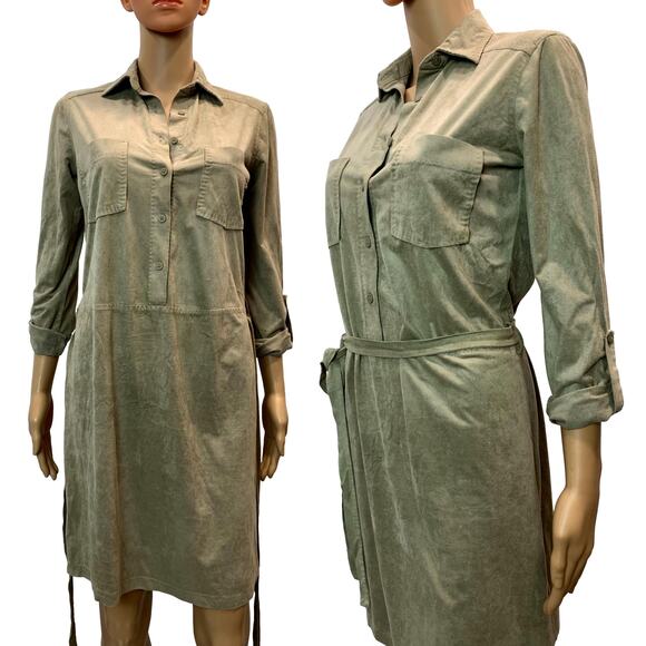 Max Studio Soft Ultra Suede Shirt Dress Tie Belt | Khaki Tan | XS - Picture 6 of 10